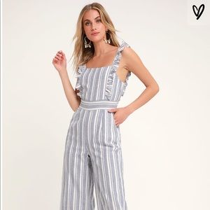 Emilia Rae Blue Striped Ruffle Culotte Jumpsuit
